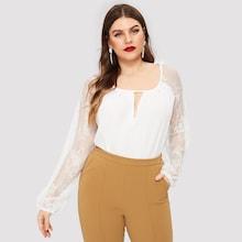 Romwe Plus Contrast Lace Sleeve Keyhole Front Blouse