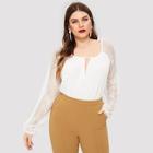 Romwe Plus Contrast Lace Sleeve Keyhole Front Blouse