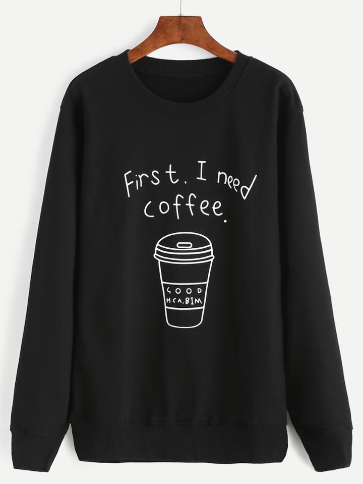 Romwe Black Coffee Cup Letters Print Sweatshirt