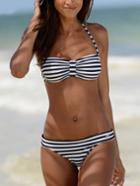 Romwe Black White Striped Halter Neck Bikini Set