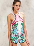 Romwe Tropical Print Zipper Up Racer Back Top