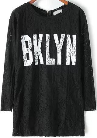 Romwe Letter Print With Zipper Lace Black Dress