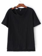 Romwe Black V Neck Cut Out Casual T-shirt