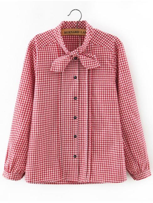 Romwe Tie Neck Plaid Red Blouse