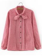 Romwe Tie Neck Plaid Red Blouse