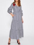 Romwe Flower Patch Gathered Sleeve Belted Surplice Wrap Dress