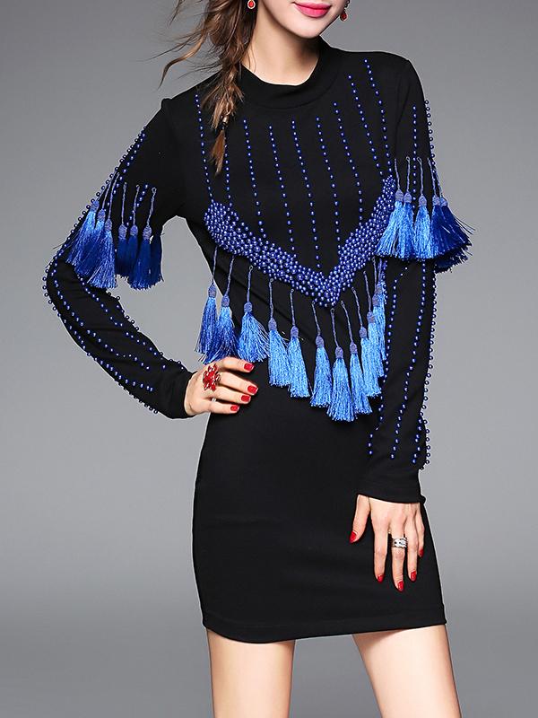 Romwe Blue Tassels Beading Sheath Dress