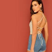 Romwe Crisscross Backless Rib Knit Halter Top