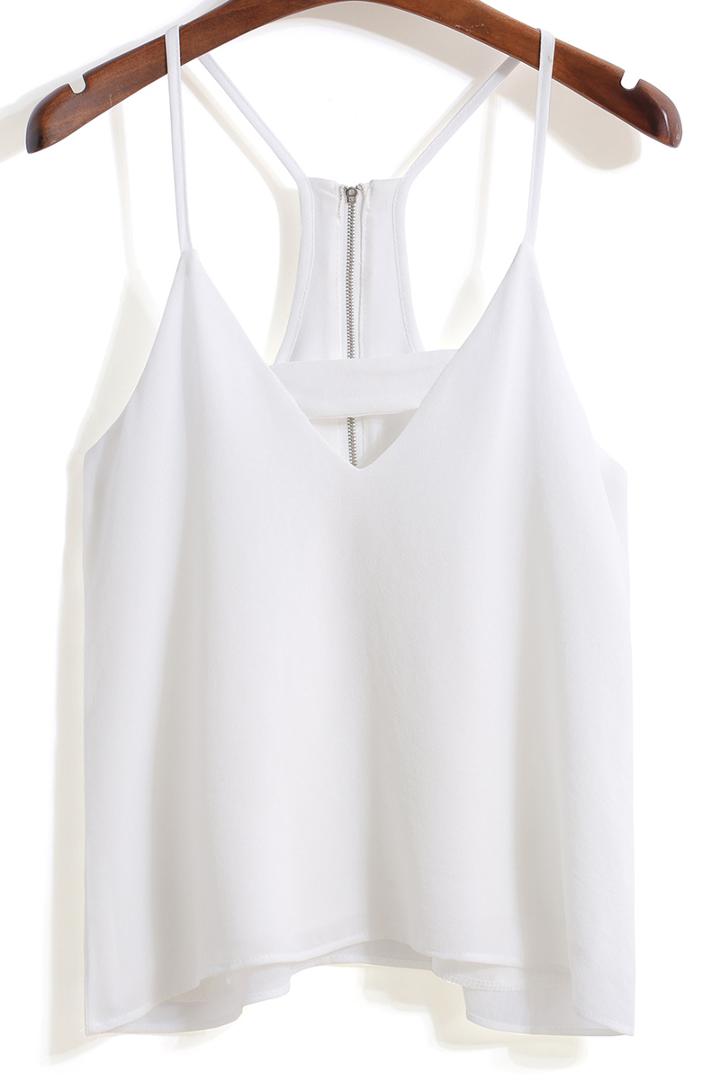 Romwe Spaghetti Strap Hollow Chiffon White Cami Top