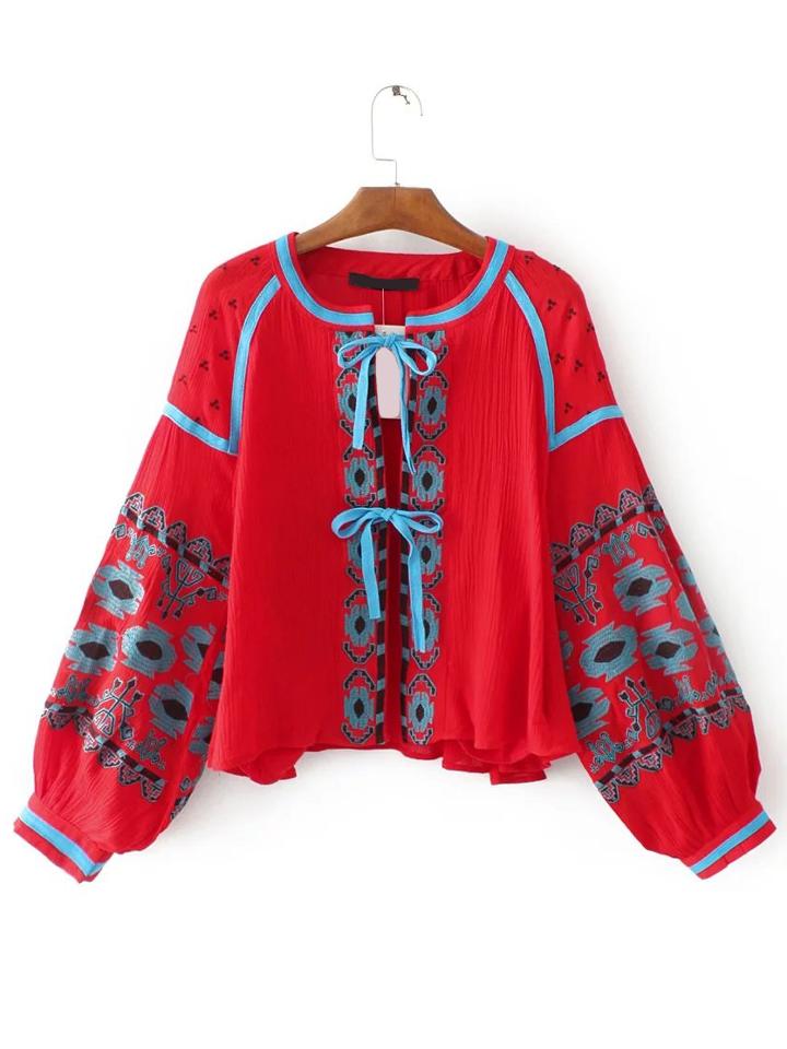 Romwe Lantern Sleeve Embroidery Tie Detail Top