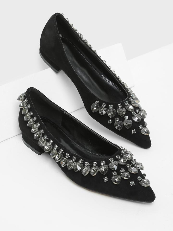 Romwe Heart Shaped Rhinestone Pointed Toe Flats