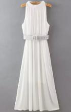Romwe Sleeveless With Belt Pleated Maxi White Dress