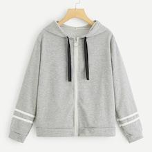 Romwe Zip Up Drawstring Hooded Heathered Sweatshirt