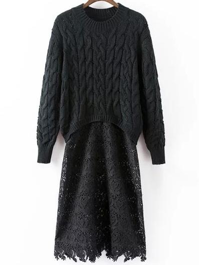 Romwe Contrast Lace Cable Knit Black Sweater Dress