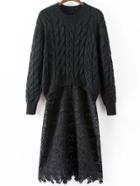 Romwe Contrast Lace Cable Knit Black Sweater Dress