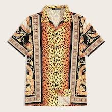 Romwe Guys Button Up Notched Animal Scarf Print Shirt