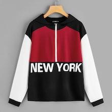 Romwe Zip Front Cut-and-sew Letter Hoodie