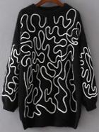 Romwe Black Abstract Print Slouchy Sweater