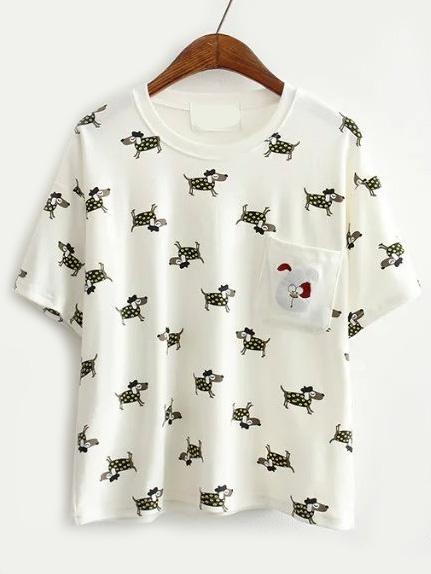 Romwe Dog Print Patch Pocket White T-shirt