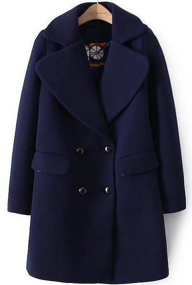 Romwe Navy Lapel Long Sleeve Double Breasted Woolen Coat