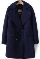 Romwe Navy Lapel Long Sleeve Double Breasted Woolen Coat