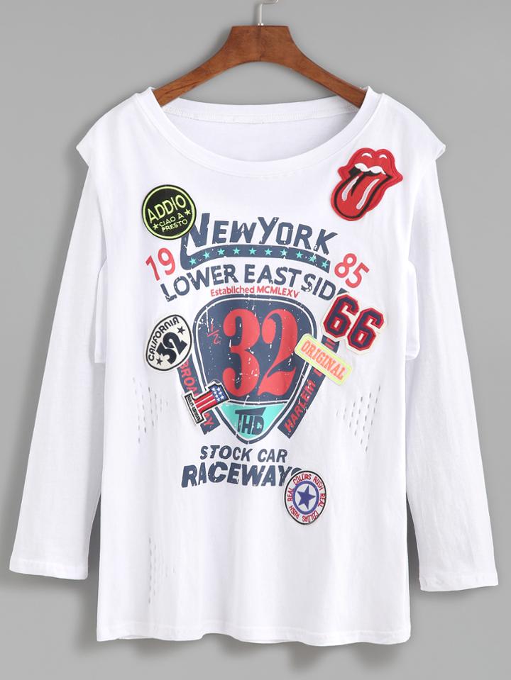 Romwe White Varsity Patch Print 2 In 1 T-shirt