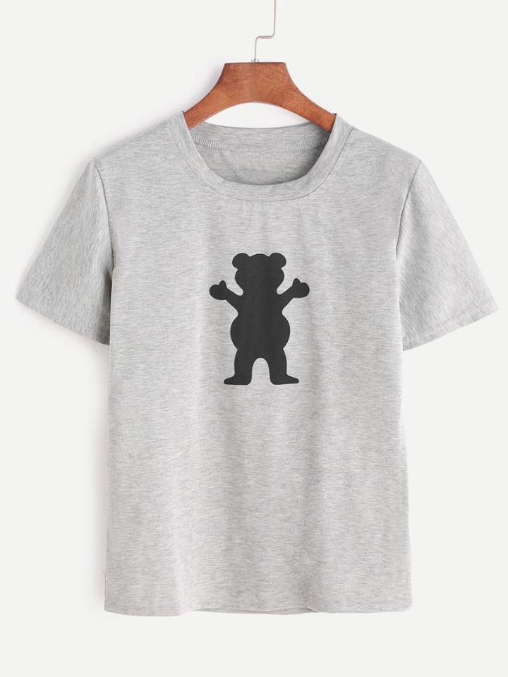 Romwe Heather Grey Bear Print T-shirt