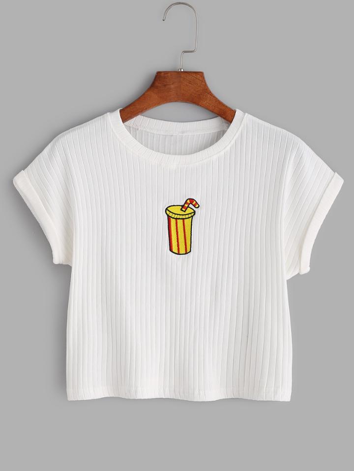 Romwe White Cup Embroidered Ribbed Crop T-shirt