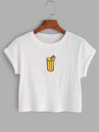 Romwe White Cup Embroidered Ribbed Crop T-shirt
