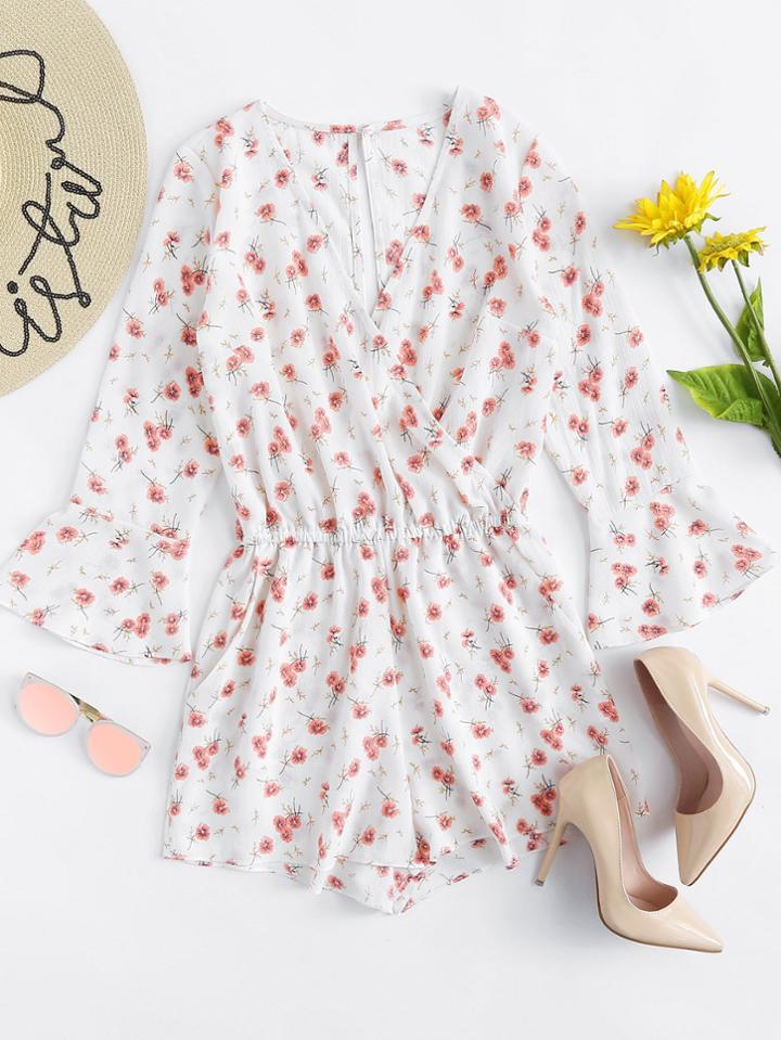 Romwe Calico Print Fluted Sleeve Romper