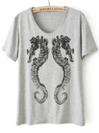 Romwe Hippocampus Print Loose Grey T-shirt