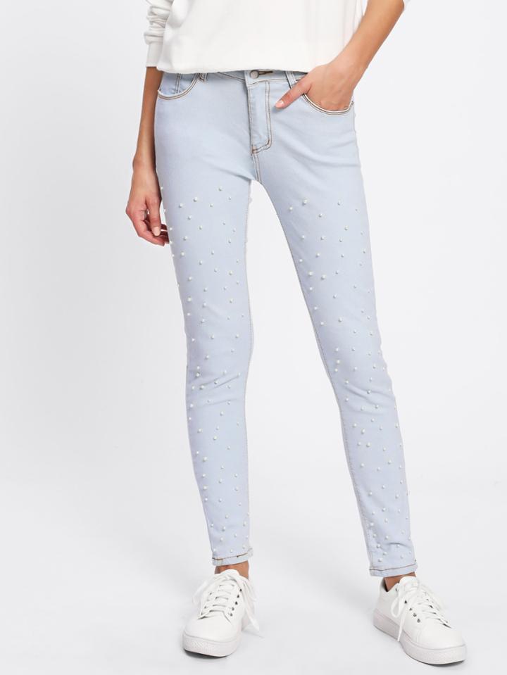 Romwe Faux Pearl Skinny Jeans