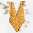 Romwe Chevron Self Tie V-plunge One Piece Swimsuit