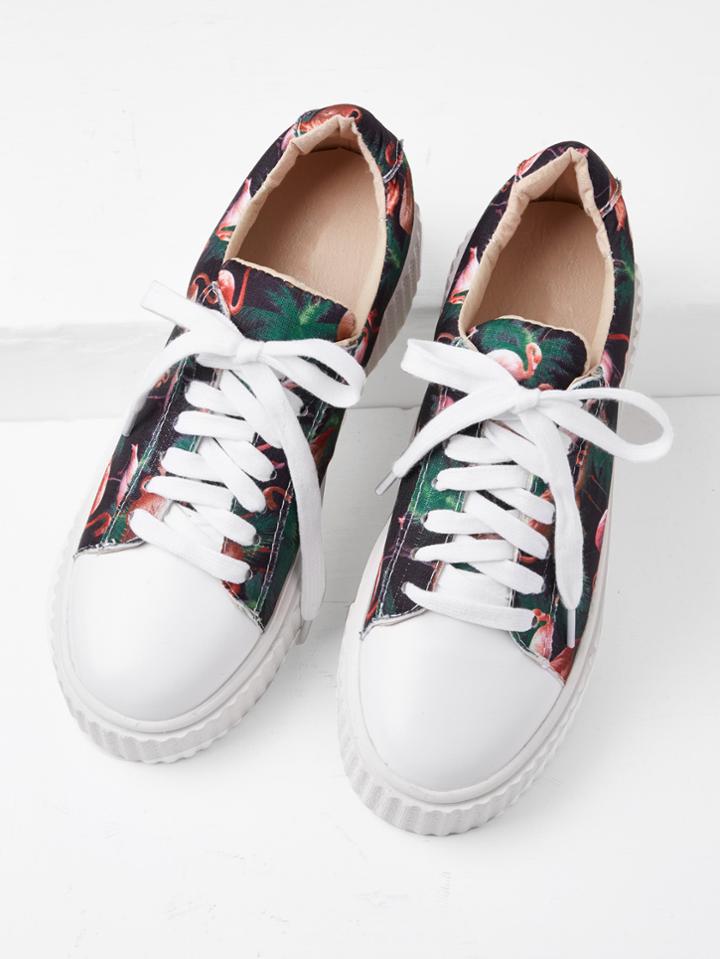 Romwe Mixed Print Lace Up Flatform Sneakers