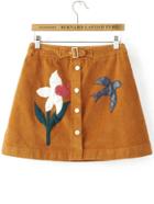 Romwe Khaki Flower Embroidery Corduroy Button Skirt With Buckle