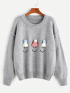 Romwe Grey Drop Shoulder Mini Hat Embellished Smile Pattern Sweater