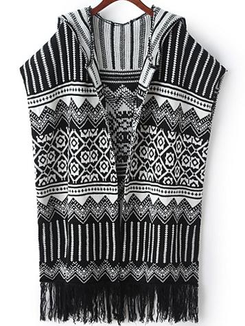 Romwe Hooded Geometric Print Fringe Coat