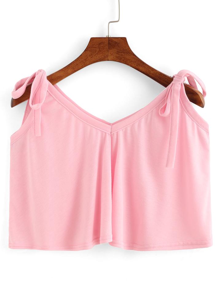 Romwe Tie Shoulder Crop Cami Top - Pink