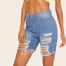 Romwe Light Wash Destroyed Ripped Frayed Edge Denim Shorts