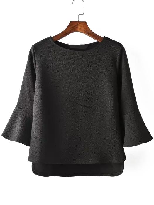 Romwe Bell Sleeve High Low Black Blouse