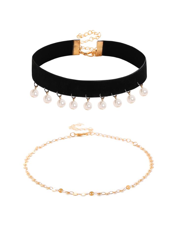 Romwe Faux Pearl Embellished Choker & Chain Choker