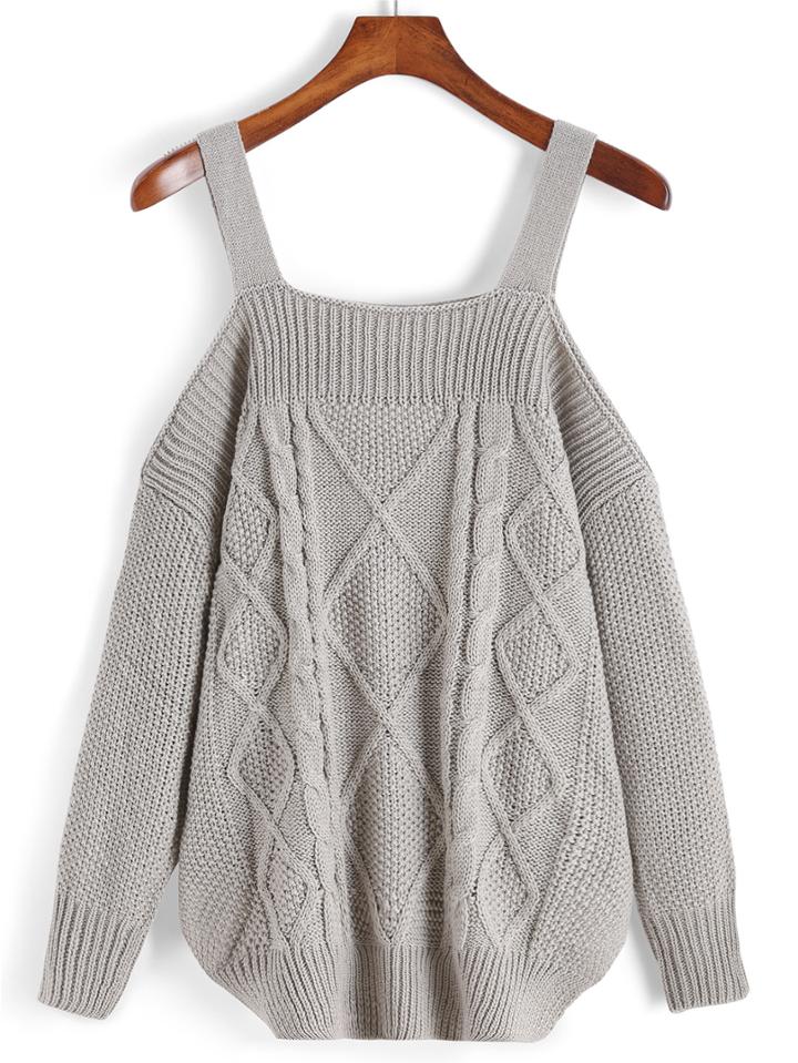 Romwe Off The Shoulder Cable Knit Khaki Sweater