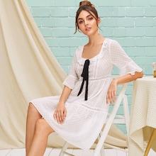 Romwe Contrast Bow Front Lace Insert Swiss Dot Smock Dress