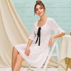 Romwe Contrast Bow Front Lace Insert Swiss Dot Smock Dress