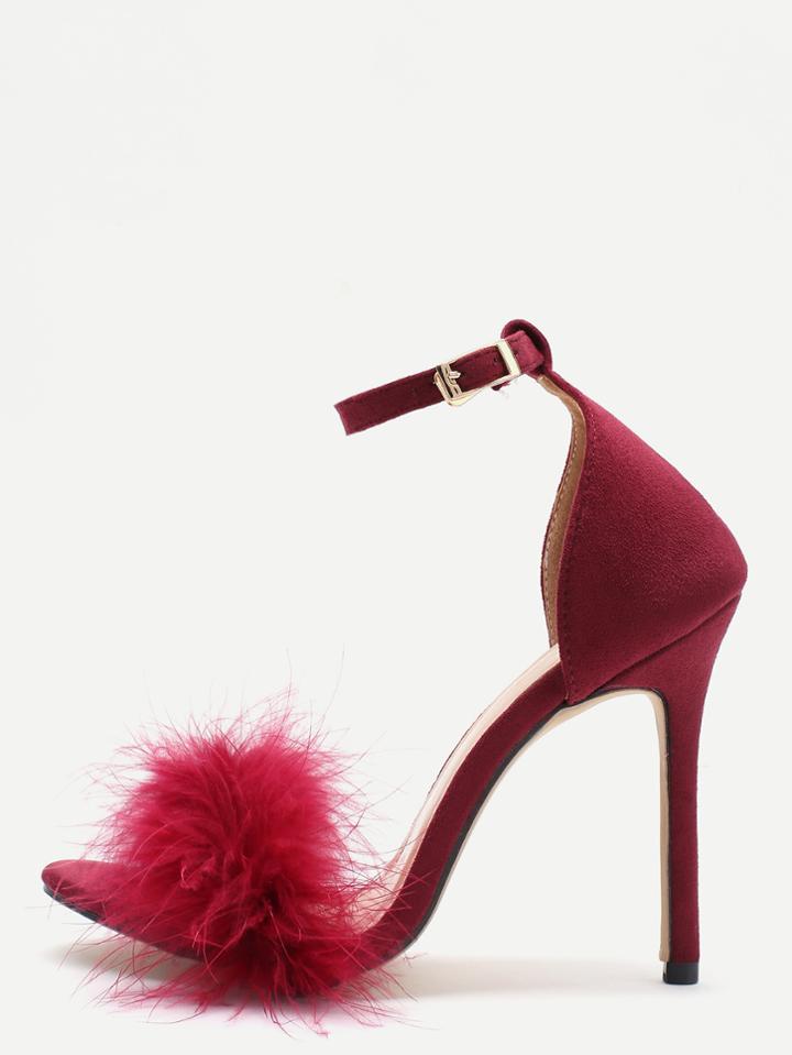 Romwe Burgundy Feather Ankle Strap High Heels