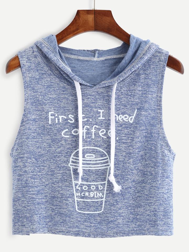 Romwe Blue Marled Knit Coffee Print Hooded Top