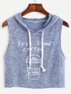 Romwe Blue Marled Knit Coffee Print Hooded Top