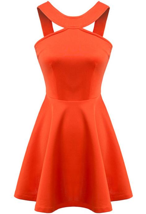Romwe Orange Strap Backless Flouncing Dress
