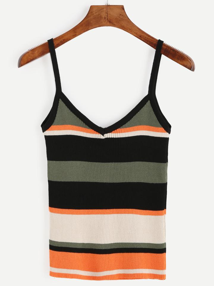 Romwe Grey Marled Knit Striped Hem Ribbed Cami Top