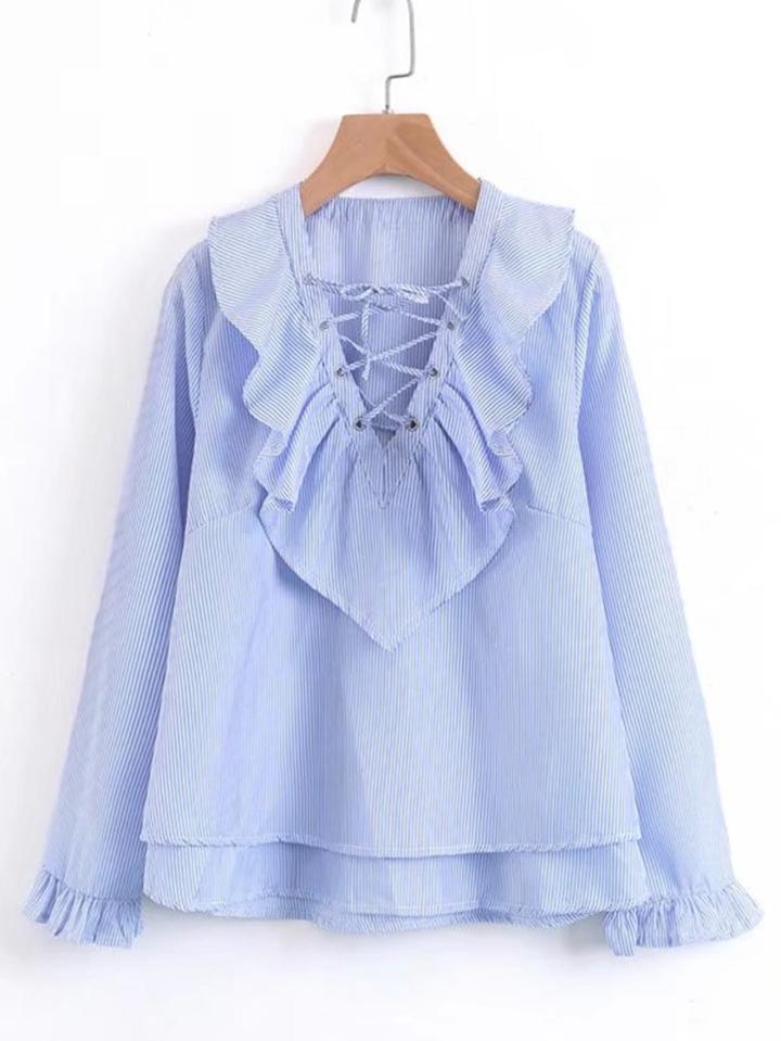 Romwe Lace Up V Neckline Ruffle Detail Striped Blouse